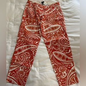 J.Crew City Fit Cropped Stretch Pants with orange and white paisley print